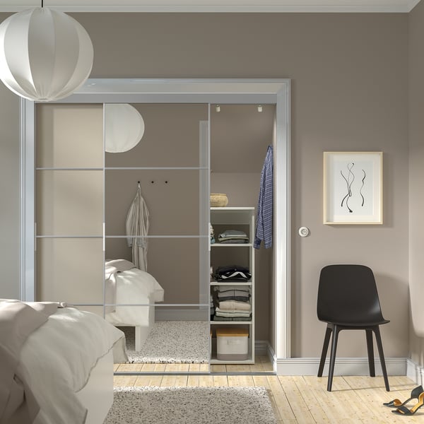 SKYTTA / MEHAMN/AULI sliding door combination, aluminium double sided/grey-beige mirror glass, 177x205 cm