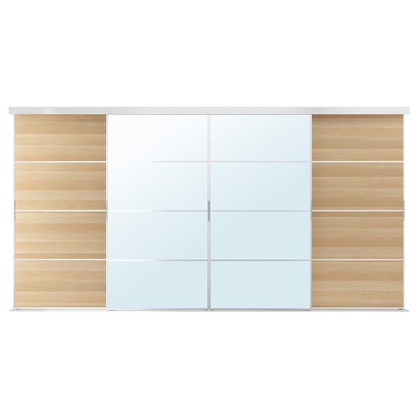 SKYTTA / MEHAMN/AULI - Sliding door combination, aluminium/white stained oak effect mirror glass, 401x205 cm