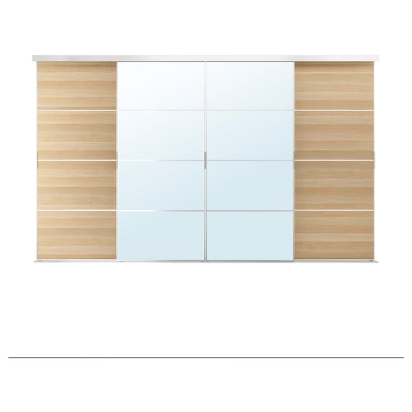 SKYTTA / MEHAMN/AULI - Sliding door combination, aluminium/ oak effect with white mirror glass stain,401x240 cm