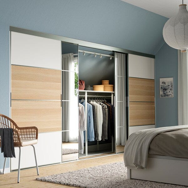 Ikea SKYTTA / MEHAMN/AULI - Sliding door combination, aluminium/white stained oak effect mirror glass, 401x205 cm
