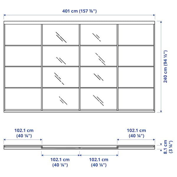 Ikea SKYTTA / MEHAMN/AULI - Sliding door combination, aluminium/white stained oak effect mirror glass, 401x240 cm