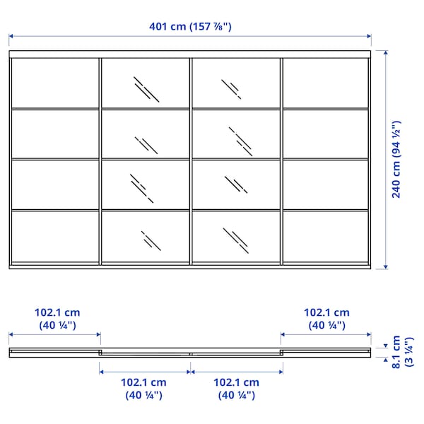 SKYTTA / MEHAMN/AULI - Sliding door combination, aluminium/ oak effect with white mirror glass stain,401x240 cm