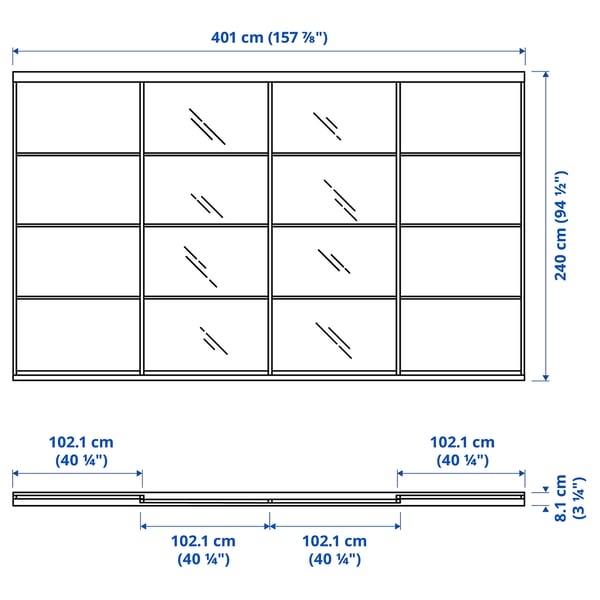 SKYTTA / MEHAMN/AULI sliding door combination, aluminium/white stained oak effect mirror glass, 401x240 cm