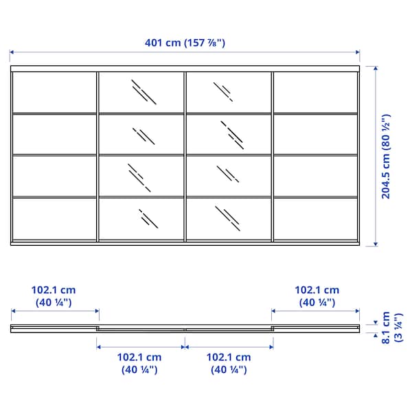 Ikea SKYTTA / MEHAMN/AULI - Sliding door combination, aluminium/white stained oak effect mirror glass, 401x205 cm