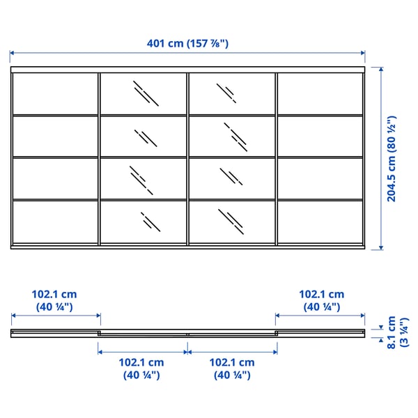 SKYTTA / MEHAMN/AULI sliding door combination, aluminium/white stained oak effect mirror glass, 401x205 cm