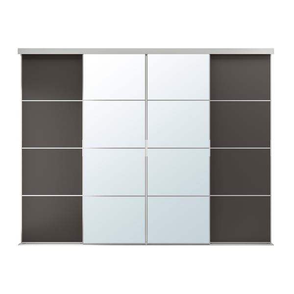 SKYTTA / MEHAMN/AULI sliding door combination, aluminium/dark grey mirror glass, 301x240 cm