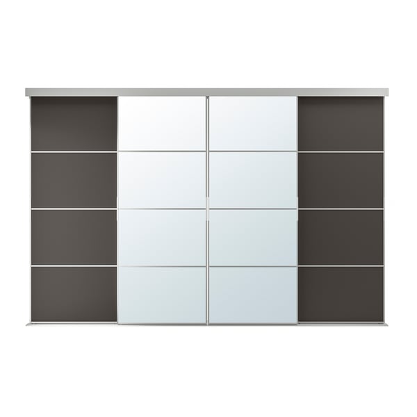 SKYTTA / MEHAMN/AULI sliding door combination, aluminium/dark grey mirror glass, 301x205 cm