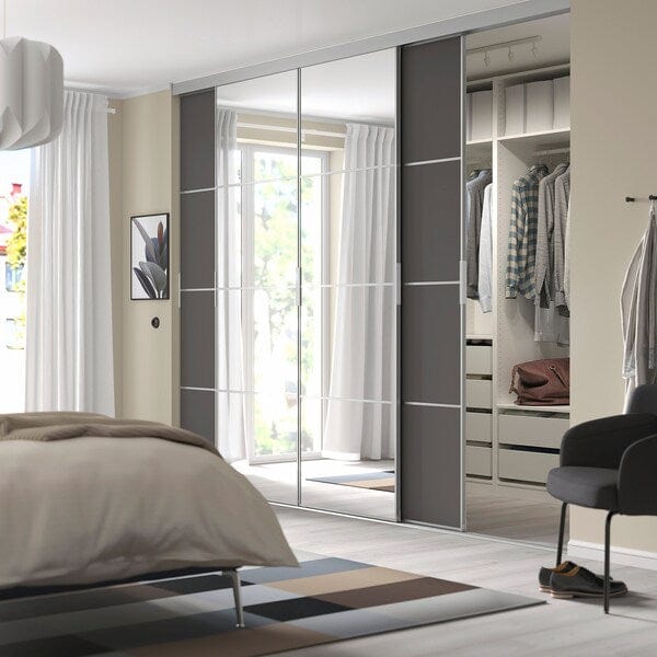 Ikea SKYTTA / MEHAMN/AULI - Sliding door combination, aluminium/dark grey mirror glass, 301x240 cm