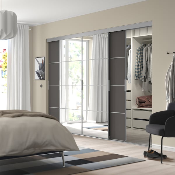 SKYTTA / MEHAMN/AULI - Sliding door combination, aluminium/dark grey mirror glass, 301x205 cm