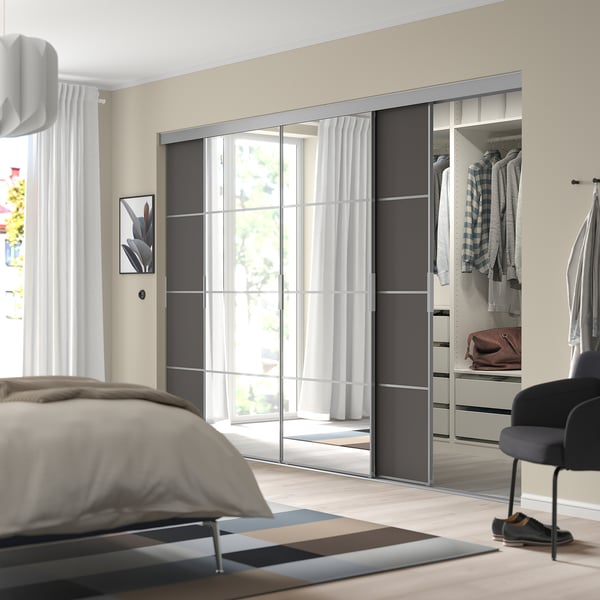SKYTTA / MEHAMN/AULI sliding door combination, aluminium/dark grey mirror glass, 301x205 cm