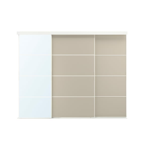 SKYTTA / MEHAMN/AULI sliding door combination, white double sided/grey-beige mirror glass, 251x205 cm