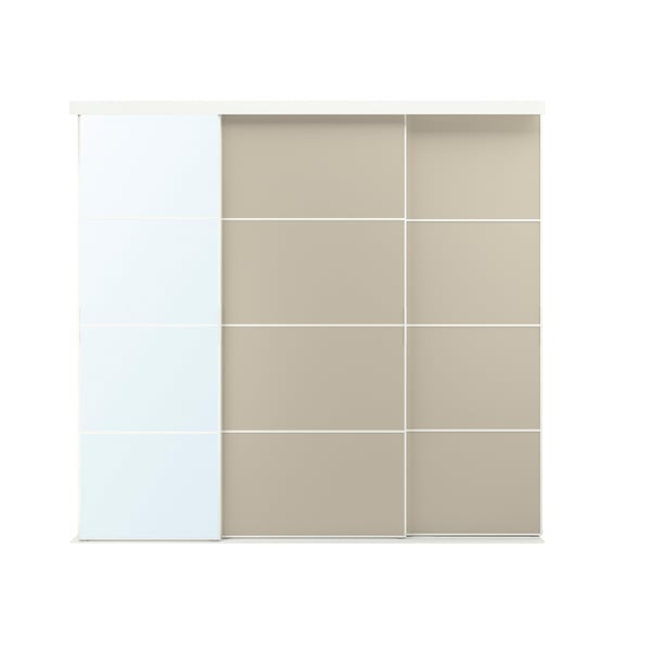 SKYTTA / MEHAMN/AULI sliding door combination, white double sided/grey-beige mirror glass, 251x240 cm