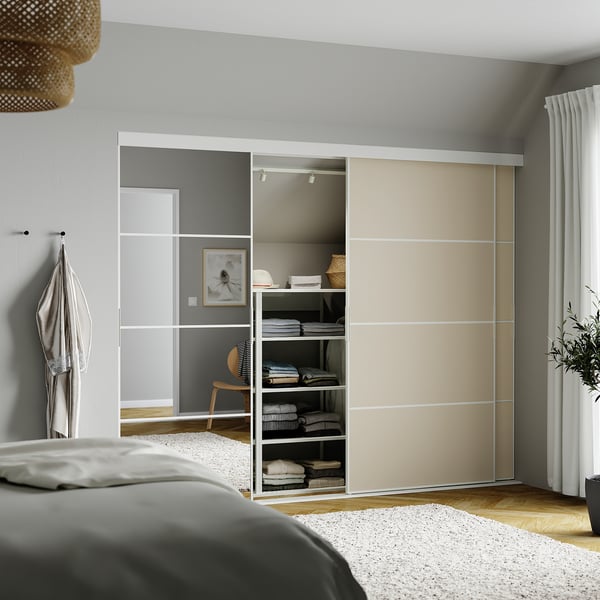 SKYTTA / MEHAMN/AULI sliding door combination, white double sided/grey-beige mirror glass, 251x205 cm