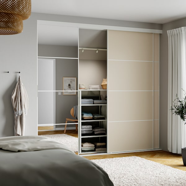 SKYTTA / MEHAMN/AULI - Sliding door combination, white double sided/grey-beige mirror glass, 251x240 cm