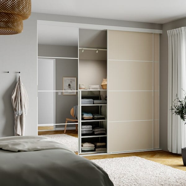 Ikea SKYTTA / MEHAMN/AULI - Sliding door combination, white double sided/grey-beige mirror glass, 251x240 cm