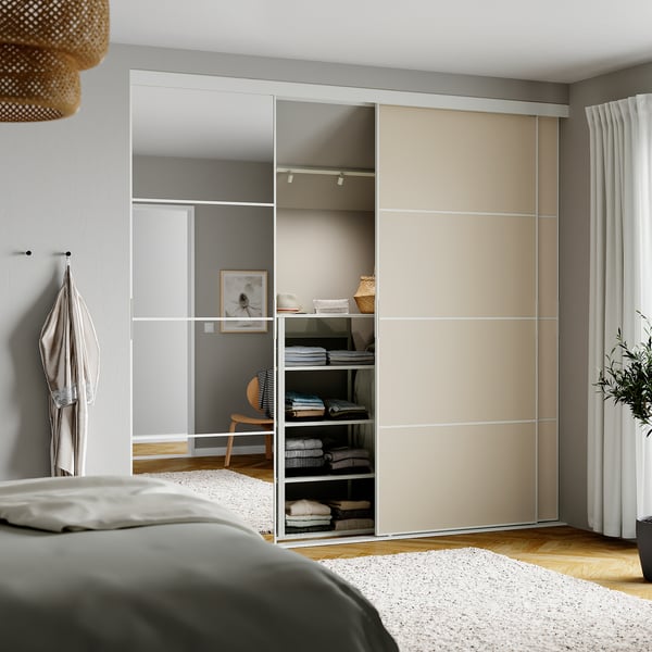 SKYTTA / MEHAMN/AULI sliding door combination, white double sided/grey-beige mirror glass, 251x240 cm
