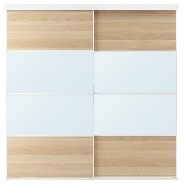 SKYTTA / MEHAMN/AULI - Sliding door combination, white/white stained oak effect mirror glass, 202x205 cm