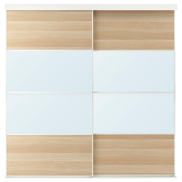SKYTTA / MEHAMN/AULI sliding door combination, white/white stained oak effect mirror glass, 202x205 cm