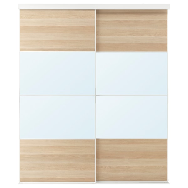 SKYTTA / MEHAMN/AULI - Combinazione ante scorrevoli, bianco/effetto rovere con mordente bianco vetro a specchio,202x240 cm