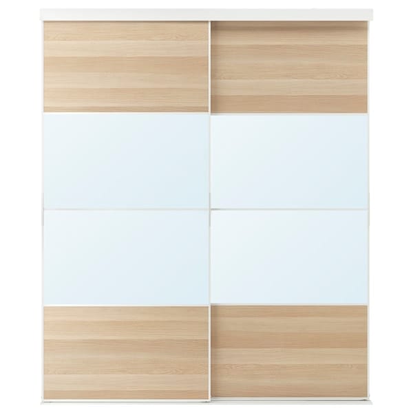 Ikea SKYTTA / MEHAMN/AULI - Sliding door combination, white/white stained oak effect mirror glass, 202x240 cm
