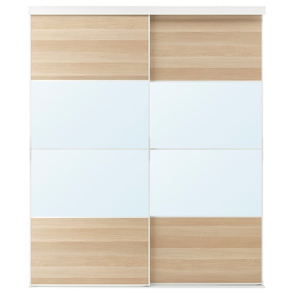 SKYTTA / MEHAMN/AULI sliding door combination, white/white stained oak effect mirror glass, 202x240 cm