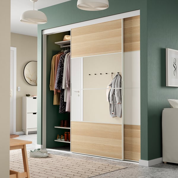 SKYTTA / MEHAMN/AULI sliding door combination, white/white stained oak effect mirror glass, 202x205 cm