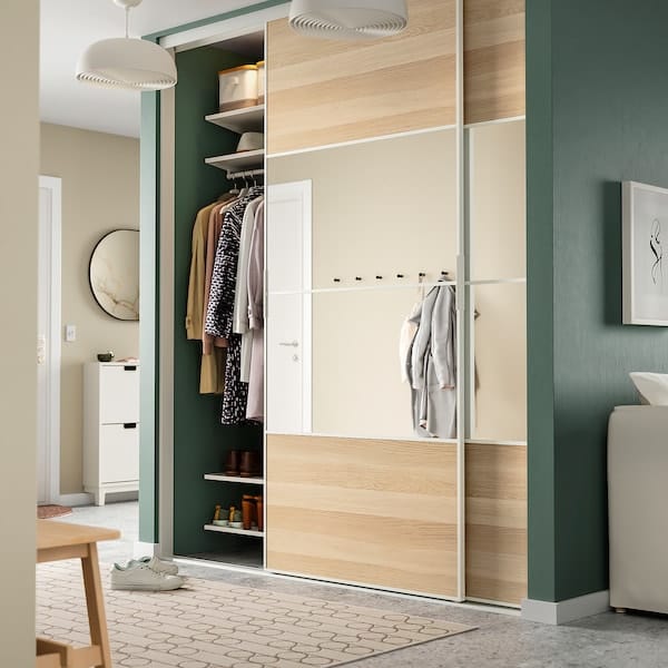 Ikea SKYTTA / MEHAMN/AULI - Sliding door combination, white/white stained oak effect mirror glass, 202x240 cm