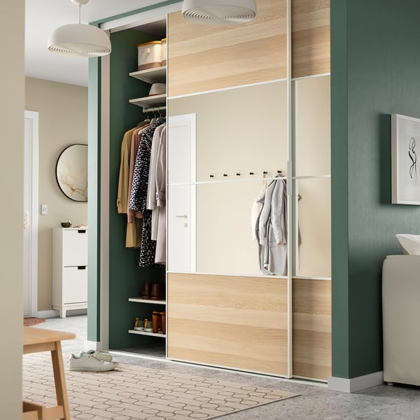 SKYTTA / MEHAMN/AULI sliding door combination, white/white stained oak effect mirror glass, 202x240 cm