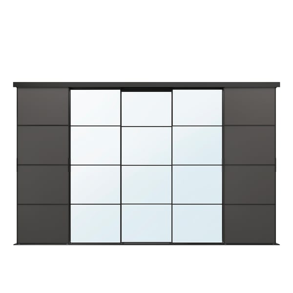 SKYTTA / MEHAMN/AULI sliding door combination, black/dark grey mirror glass, 376x240 cm