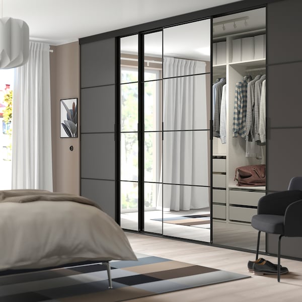 SKYTTA / MEHAMN/AULI - Sliding door combination, black/dark grey mirror glass, 376x240 cm