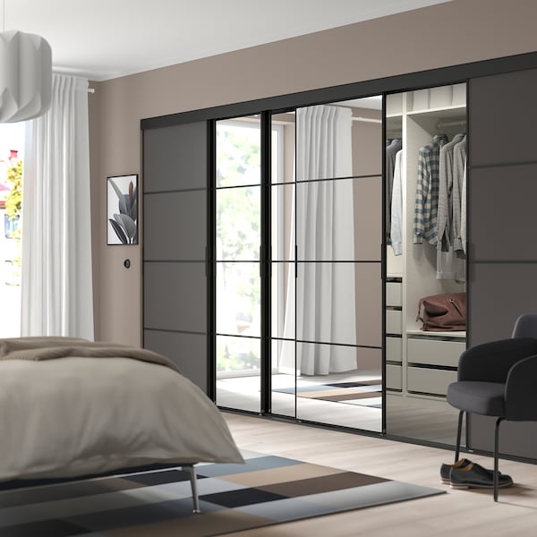 SKYTTA / MEHAMN/AULI - Sliding door combination, black/dark grey mirror glass, 376x205 cm