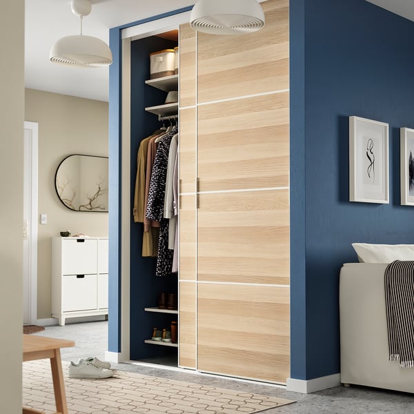 SKYTTA / MEHAMN sliding door combination, white/double sided white stained oak effect, 152x240 cm