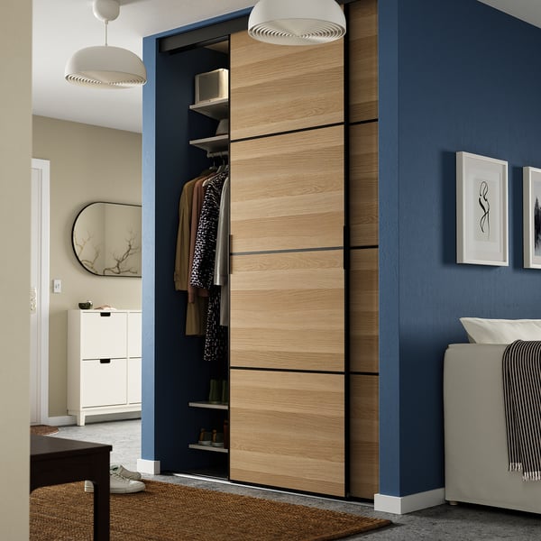SKYTTA / MEHAMN - SKYTTA / MEHAMN Sliding door combination, black/double sided white stained oak effect, 152x240 cm