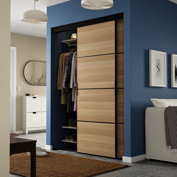 SKYTTA / MEHAMN - SKYTTA / MEHAMN Sliding door combination, black/double sided white stained oak effect, 152x205 cm