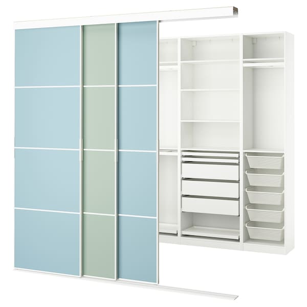 SKYTTA / PAX - Walk-in wardrobe with sliding doors, white double-face/Mehamn blue/light green,251x115x240 cm