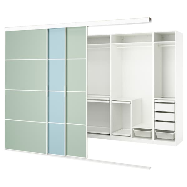 SKYTTA / PAX - Walk-in wardrobe with sliding doors, white double-face/Mehamn blue/light green,301x160x240 cm