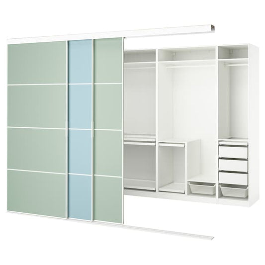 Ikea SKYTTA / PAX - Walk-in wardrobe with sliding doors, white double-face/Mehamn blue/light green,301x160x240 cm