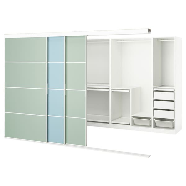 SKYTTA / PAX - Walk-in wardrobe with sliding doors, white double-face/Mehamn blue/light green,301x160x205 cm