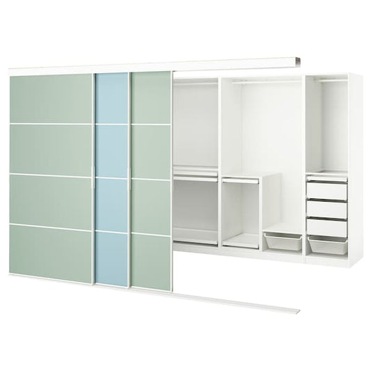 Ikea SKYTTA / PAX - Walk-in wardrobe with sliding doors, white double-face/Mehamn blue/light green,301x160x205 cm