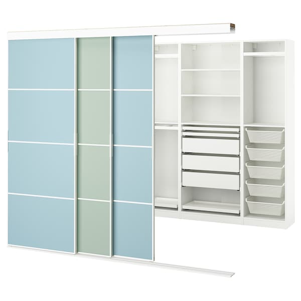 SKYTTA / PAX - Walk-in wardrobe with sliding doors, white double-face/Mehamn blue/light green,251x115x205 cm