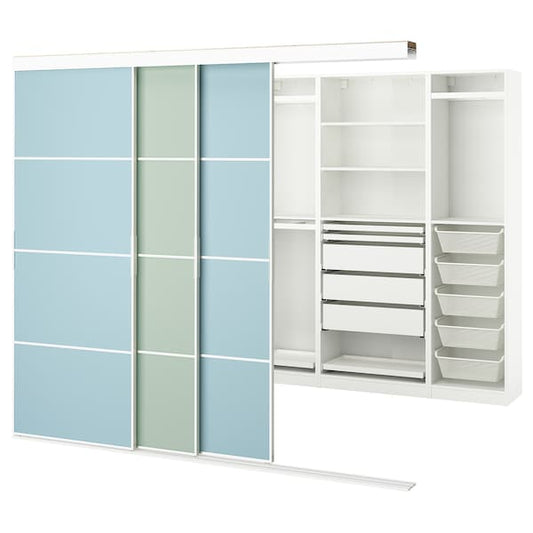 Ikea SKYTTA / PAX - Walk-in wardrobe with sliding doors, white double-face/Mehamn blue/light green,251x115x205 cm