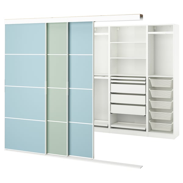 SKYTTA / PAX walk-in wardrobe with sliding doors, white double sided/Mehamn light blue/light green, 251x115x205 cm