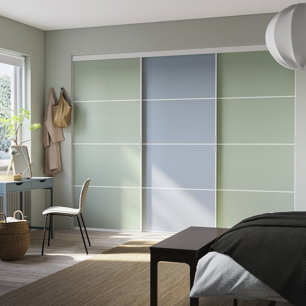 SKYTTA / PAX - Walk-in wardrobe with sliding doors, white double-face/Mehamn blue/light green,301x160x240 cm