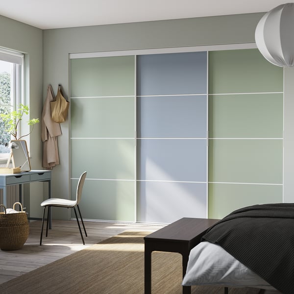 SKYTTA / PAX - Walk-in wardrobe with sliding doors, white double-face/Mehamn blue/light green,301x160x240 cm