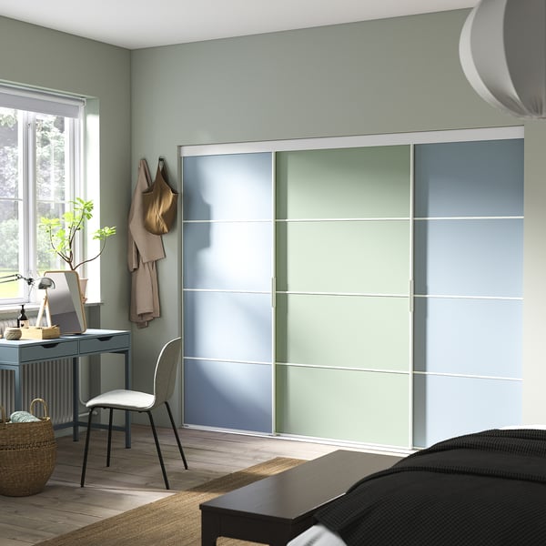 SKYTTA / PAX walk-in wardrobe with sliding doors, white double sided/Mehamn light blue/light green, 251x115x205 cm