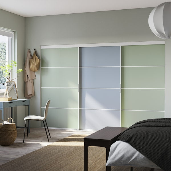 SKYTTA / PAX - Walk-in wardrobe with sliding doors, white double-face/Mehamn blue/light green,301x160x205 cm