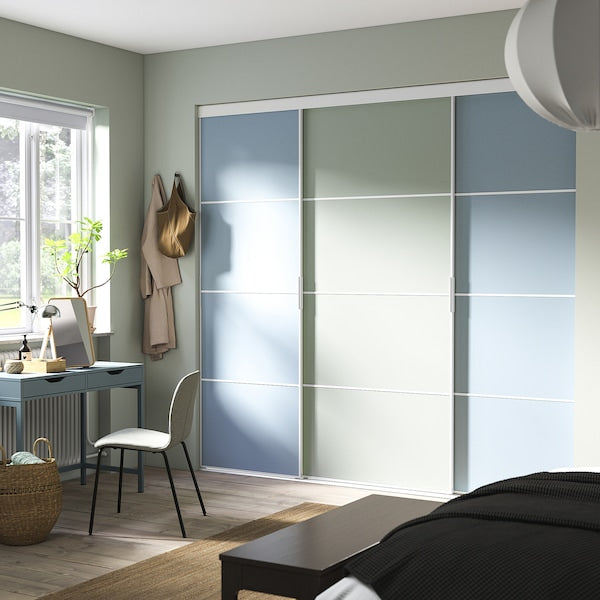 SKYTTA / PAX - Walk-in wardrobe with sliding doors, white double-face/Mehamn blue/light green,251x115x240 cm