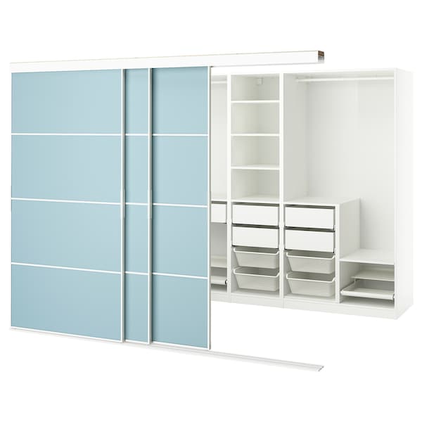 SKYTTA / PAX - Walk-in wardrobe with sliding doors, white double-face/Mehamn blue,276x160x205 cm