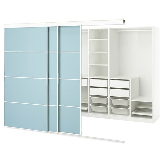 Ikea SKYTTA / PAX - Walk-in wardrobe with sliding doors, white double-face/Mehamn blue,276x160x205 cm