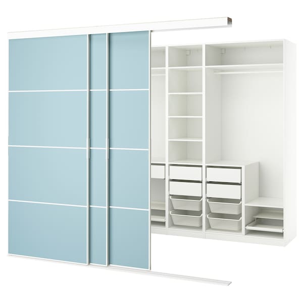 SKYTTA / PAX - Walk-in wardrobe with sliding doors, white double-face/Mehamn blue,276x160x240 cm